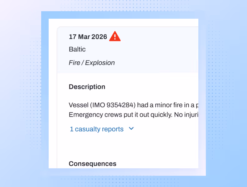Incident report dated 17 Mar 2026 for a minor fire/explosion on a Baltic vessel with one casualty report.