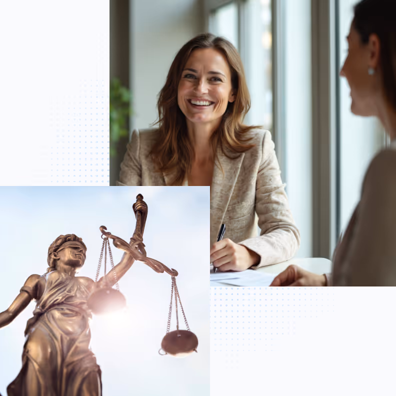 Smiling businesswoman talking to another person and bronze Lady Justice statue holding scales.