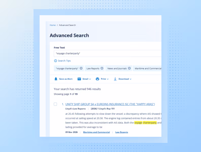 Advanced search page showing 946 results for 'voyage charterparty' with filters and report snippet.