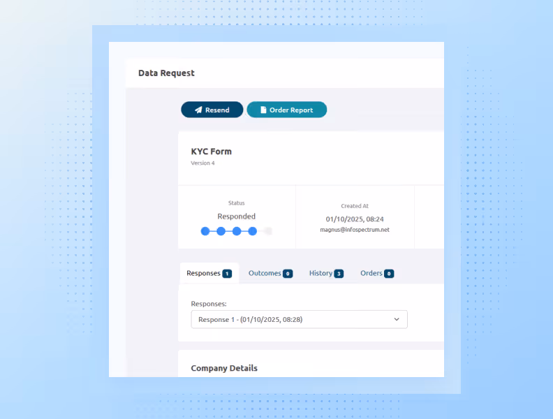 Data Request screen showing KYC form response status as responded with options to resend or order report.