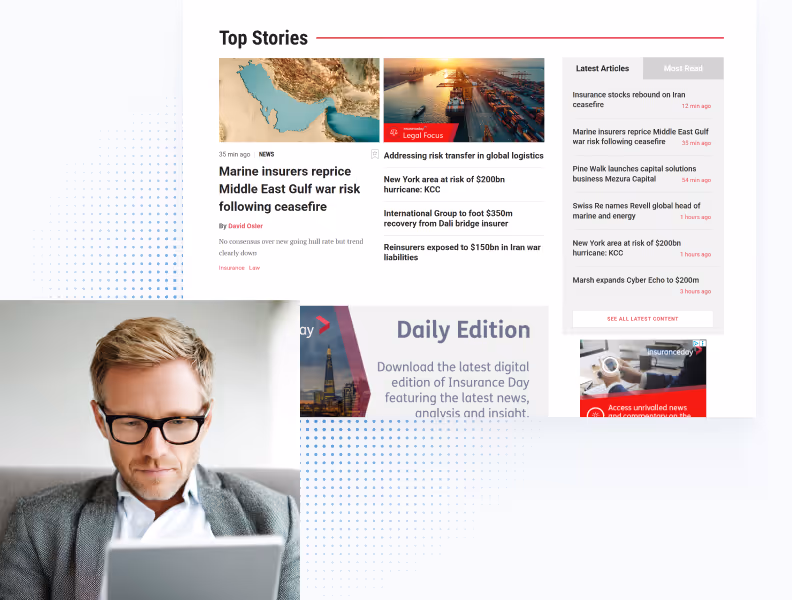 Man with glasses reading a tablet, with an insurance news website on global logistics and Gulf war risks behind him.