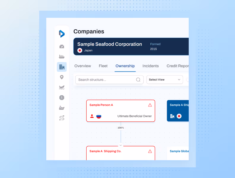 Dashboard showing ownership details of Sample Seafood Corporation including ultimate beneficial owner and entities.