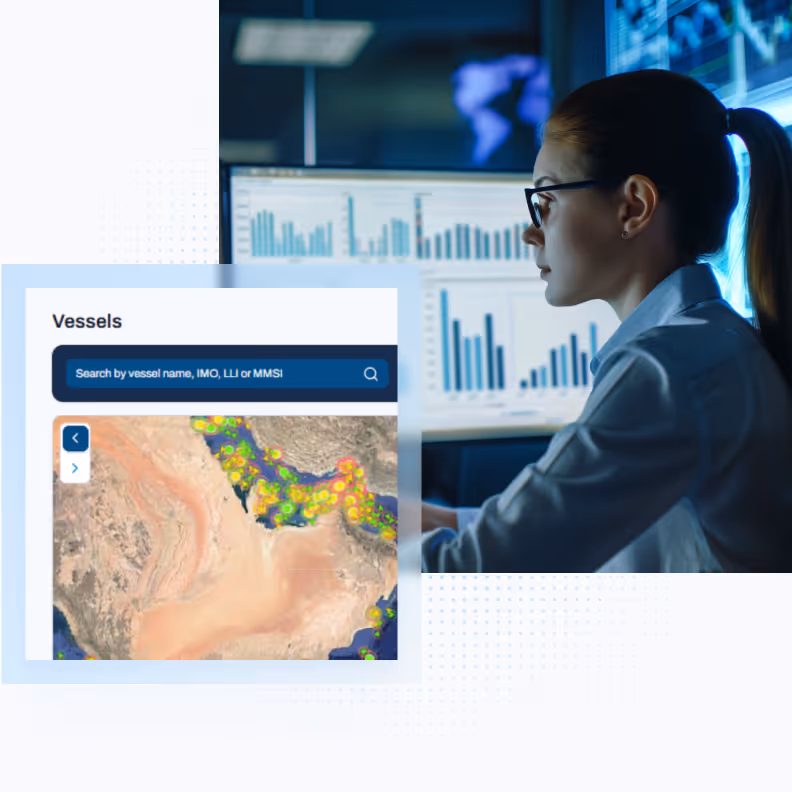 Woman with glasses analyzing vessel tracking data and charts on multiple computer screens.