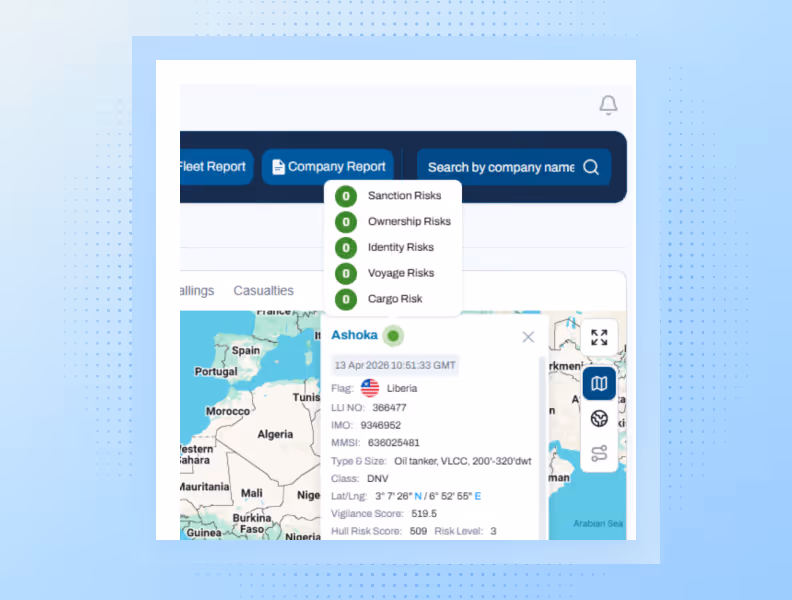Screen showing a company report with risk levels at zero and details of the tanker Ashoka on a map.
