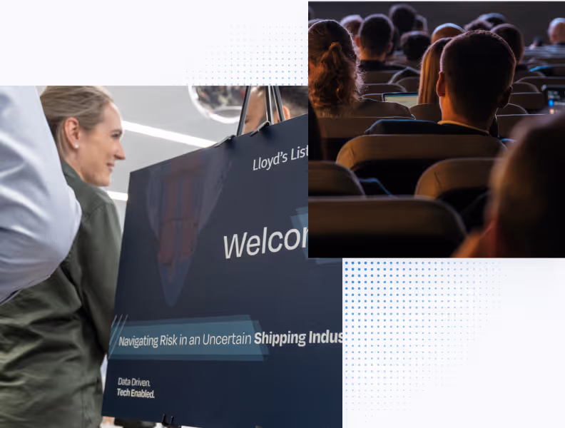 Audience seated indoors at a presentation and people next to a welcome sign about shipping industry risks.