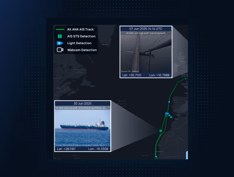 Map tracking ship routes with AIS, light, and webcam detections showing location and live images of a bridge and cargo ship.