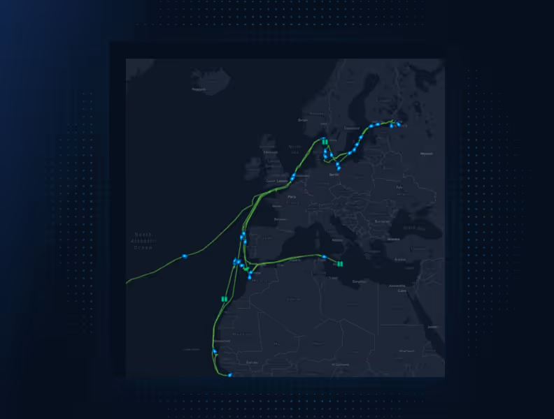 Dark map of Europe and North Africa with submarine cable routes in blue and green lines.