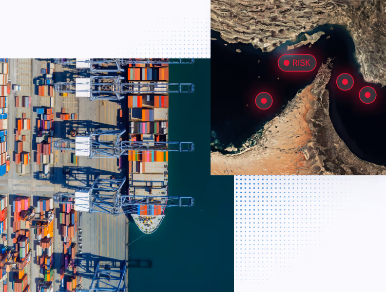 Aerial view of a container port with cargo cranes and an inset map highlighting risk zones in red.