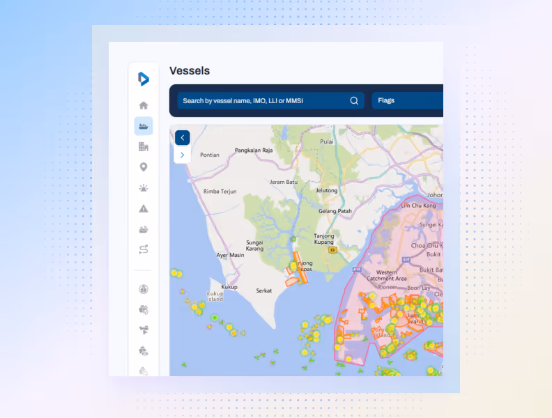 Digital map displaying vessel locations near Johor with search bar and menu icons on the left side.