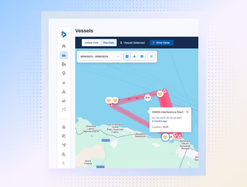 Map on vessel tracking dashboard showing Silver Dania route and GNSS interference start alert near Russia.
