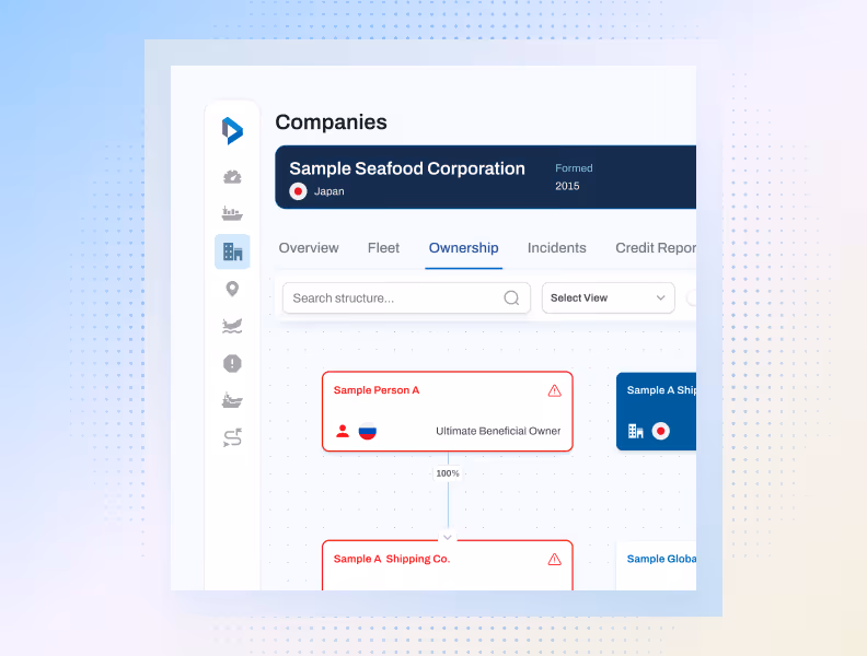 Interface showing Sample Seafood Corporation ownership structure with ultimate beneficial owner flagged.