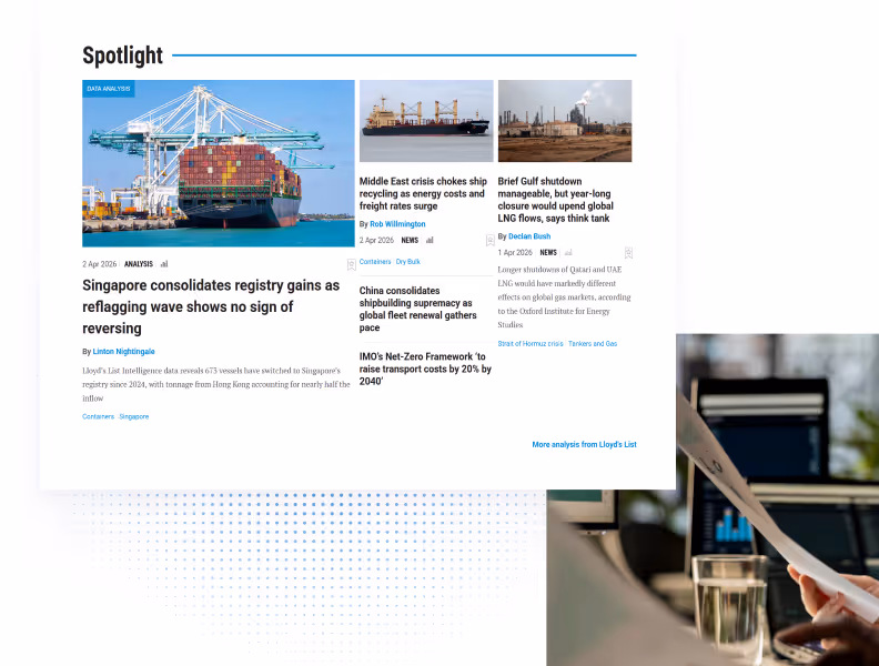 Lloyd’s List webpage showing shipping news and analysis with container ship, bulk carrier, and refinery images.