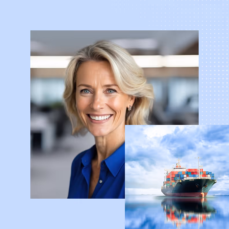 Smiling blonde woman in blue shirt with container ship reflected on calm water under cloudy sky.
