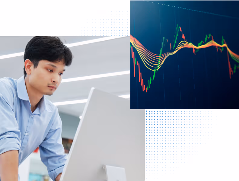 Man in blue shirt looking at a computer screen with a colorful stock market chart overlay.