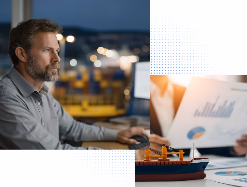 Man working at computer with cargo ship model and charts showing logistics and shipping data.
