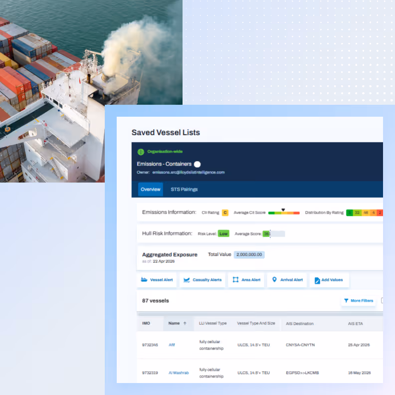 Container ship with smoke emissions overlaid by a digital vessel emissions and risk report dashboard.