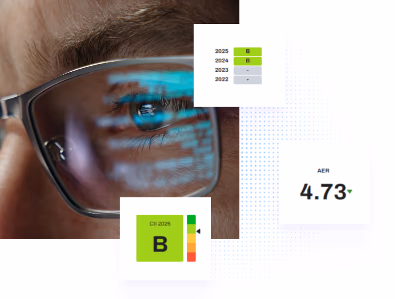 Close-up of an eye with green rating graphics showing 'B' grades and an AER score of 4.73.