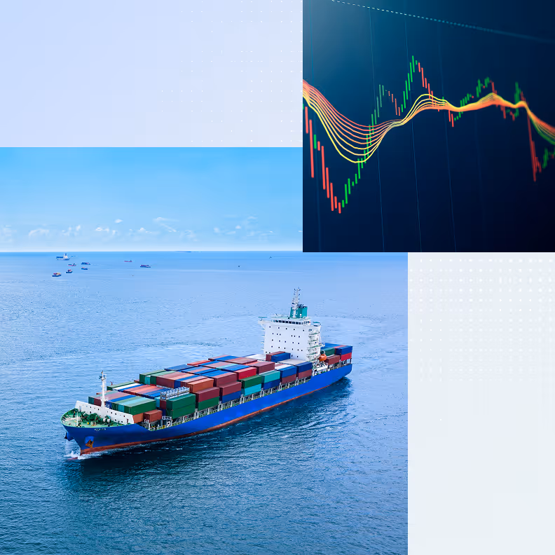 Container cargo ship sailing on the ocean with a stock market trading graph in an inset above.