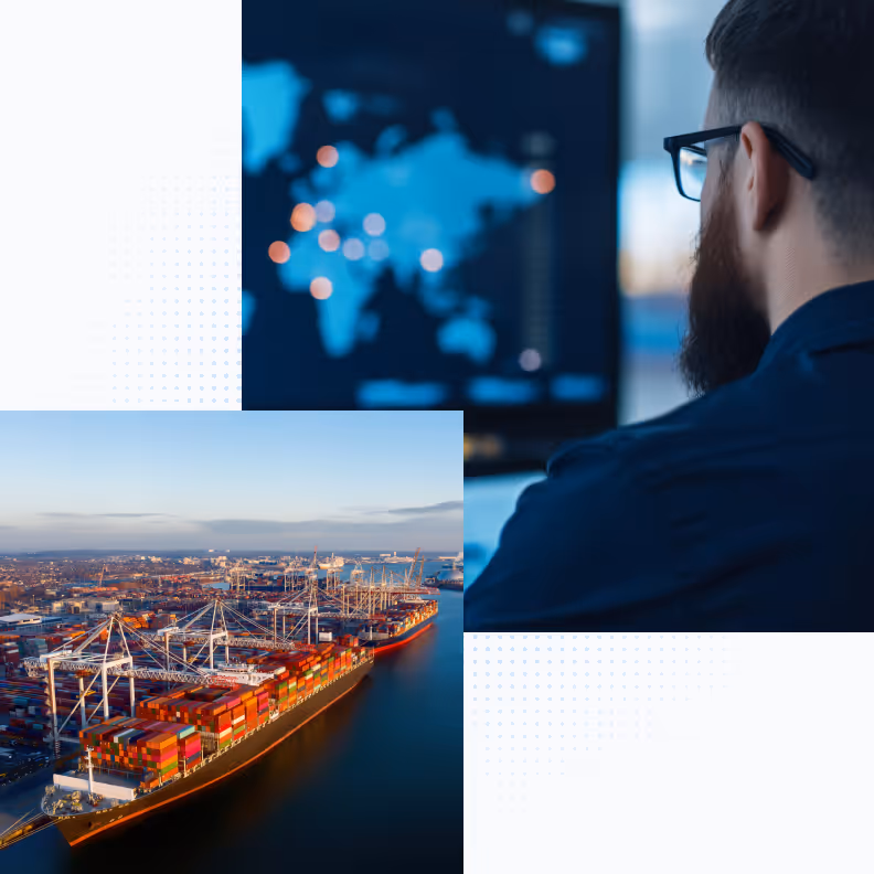 Man with glasses watches a digital map above a large cargo ship loaded with containers at port.