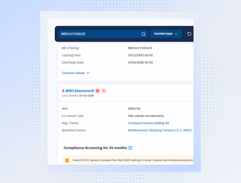 Ship details screen for MSC Eleonora III showing IMO, vessel type, owners, and compliance screening info.