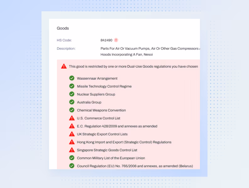 List showing dual-use goods screening with checks and warnings on various export and control regulations.