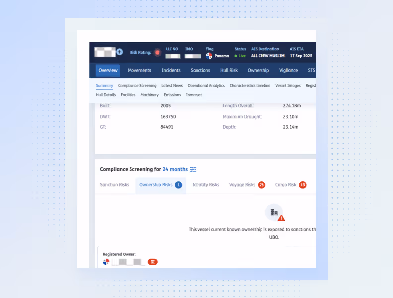 Screenshot of vessel risk screening dashboard showing compliance, ownership, and risk details with status and flags.