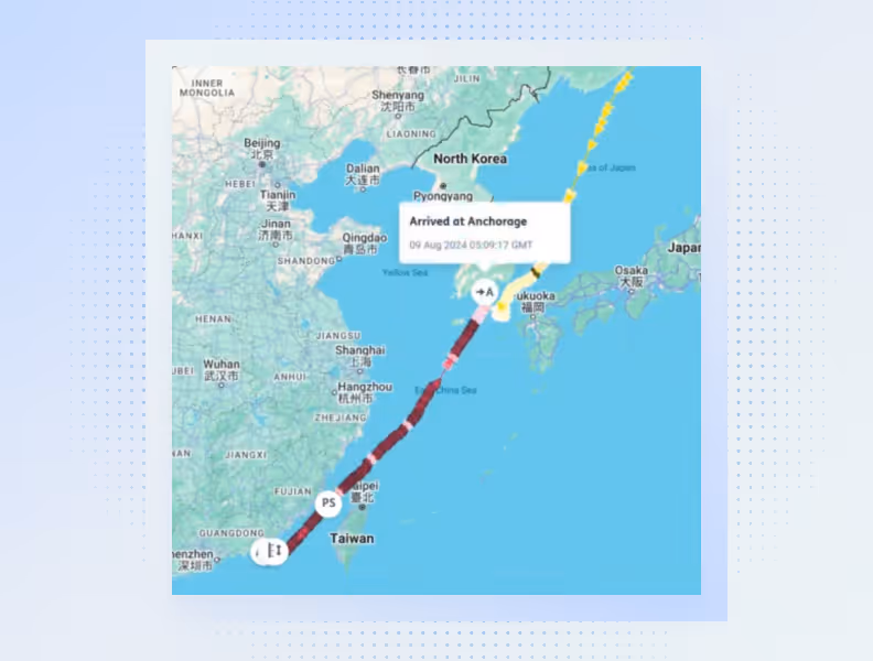 Map showing a tracked route from Taiwan to Anchorage with arrival time on 9 Aug 2024.