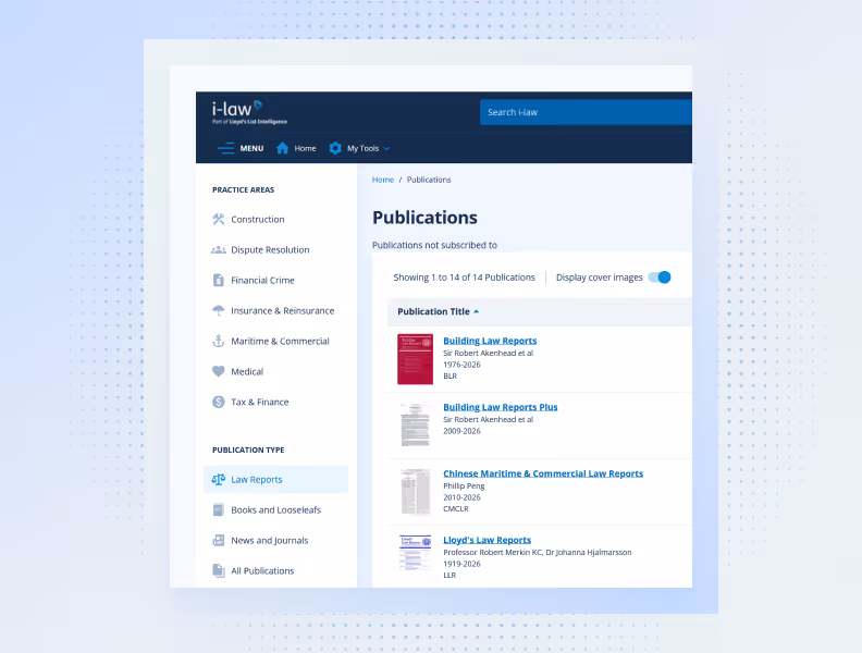 i-law legal database webpage listing publications with categories like Law Reports and Medical practice areas.