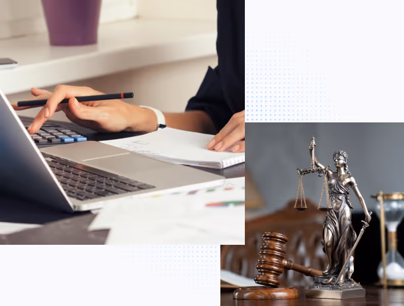 Person using calculator and laptop on desk with Lady Justice statue, gavel, and hourglass nearby.