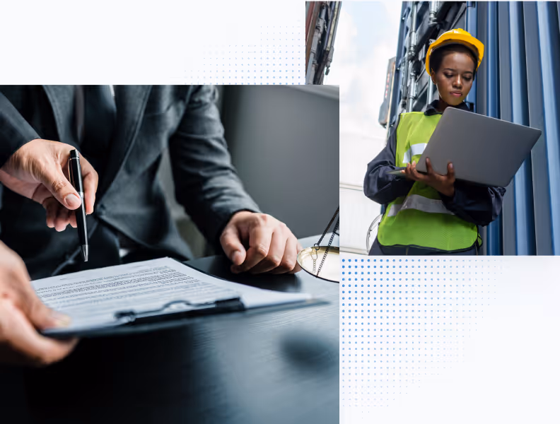 Person in suit holding pen near document and woman in safety vest and helmet using laptop outdoors.