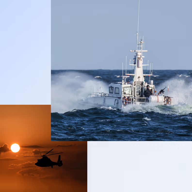 Patrol boat speeding through choppy ocean water with a helicopter silhouette at sunset in the corner.
