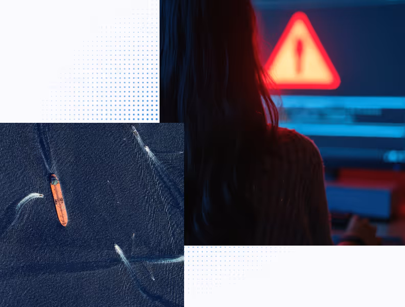 Person at computer with a red warning triangle on screen and aerial view of an orange ship in water.