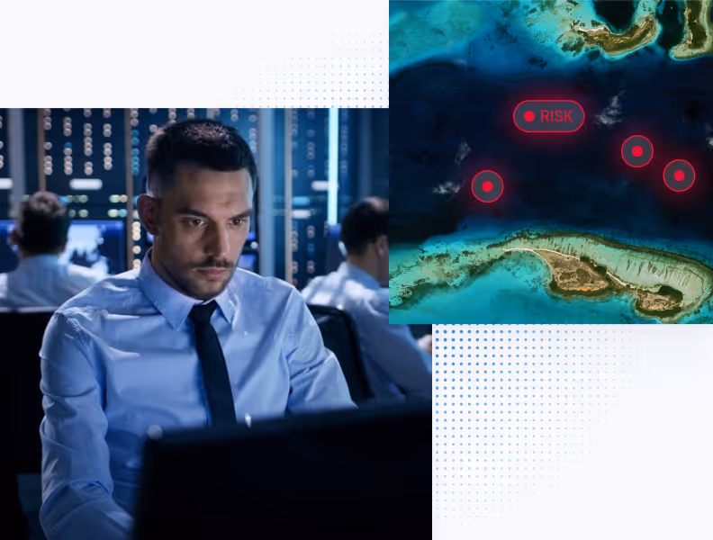 Man in blue shirt watching a computer screen, inset shows ocean map with red risk markers highlighting threats.