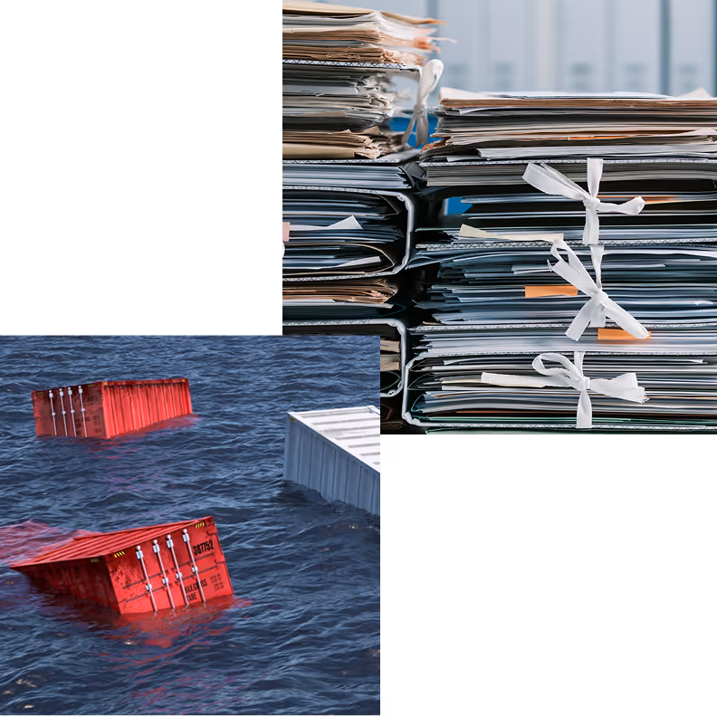 Stacks of tied documents and partially submerged red and white shipping containers in the ocean.