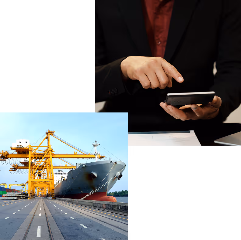 Man in black suit using calculator over dock with large cargo ship and yellow cranes.