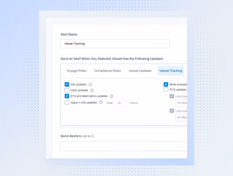 Alert setup form for vessel tracking with options for AIS updates, ETA, and vessel tracking alerts.