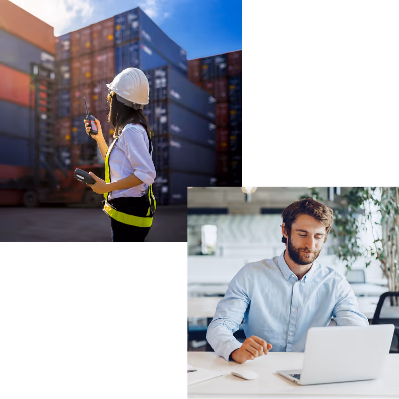 Woman in safety gear talks on radio near shipping containers; man works on laptop indoors.