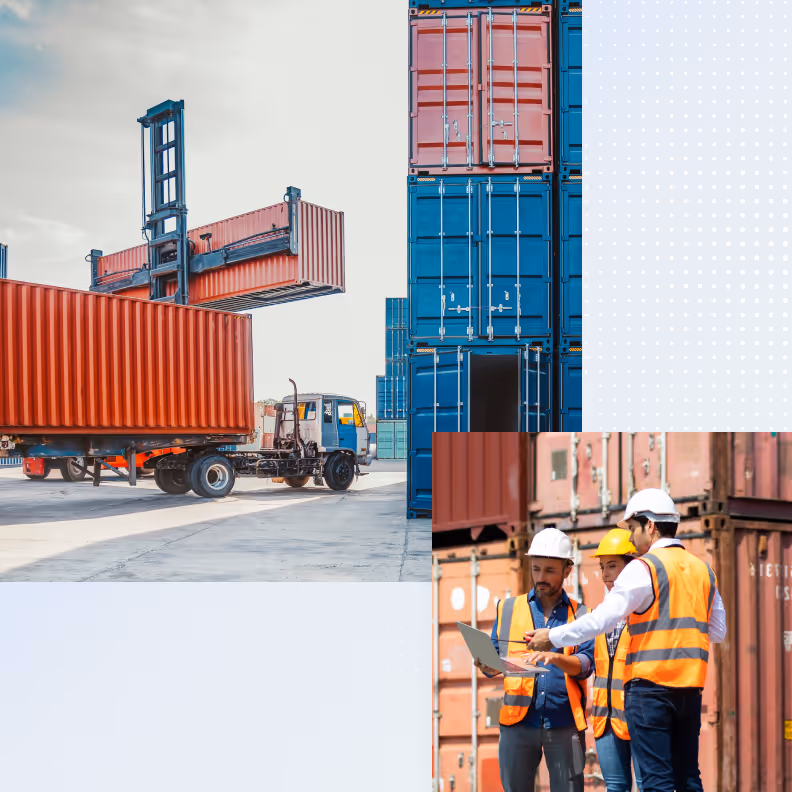 Workers in safety vests and helmets discussing logistics at a shipping container yard with a forklift truck.