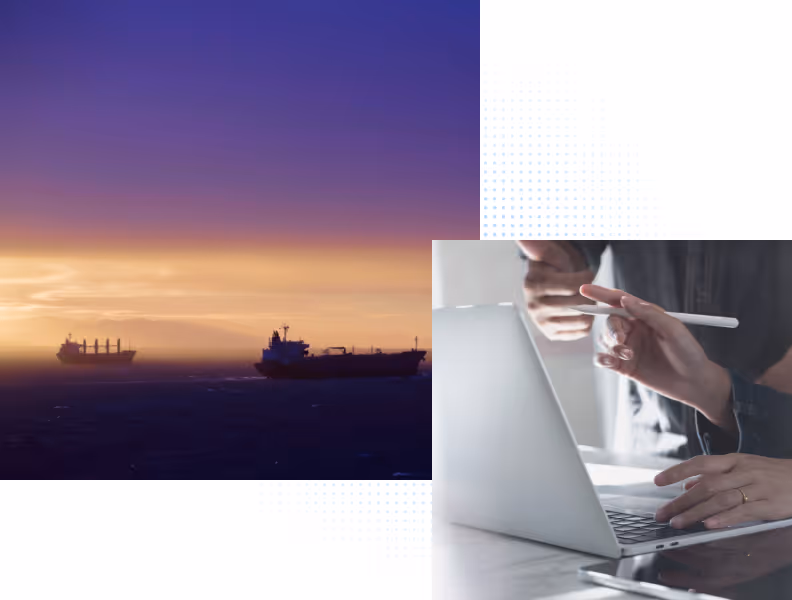 Two cargo ships on the ocean at sunset with hands working on a laptop nearby.