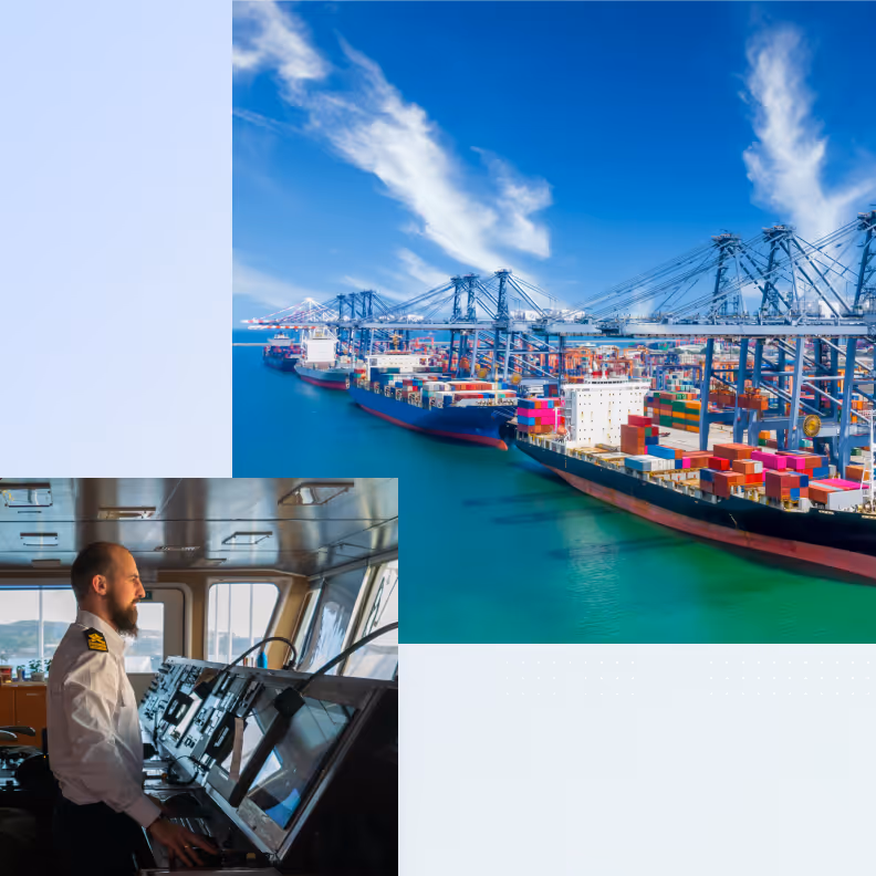 Cargo ships loaded with containers docked at port with cranes; ship captain inside bridge controls ship.
