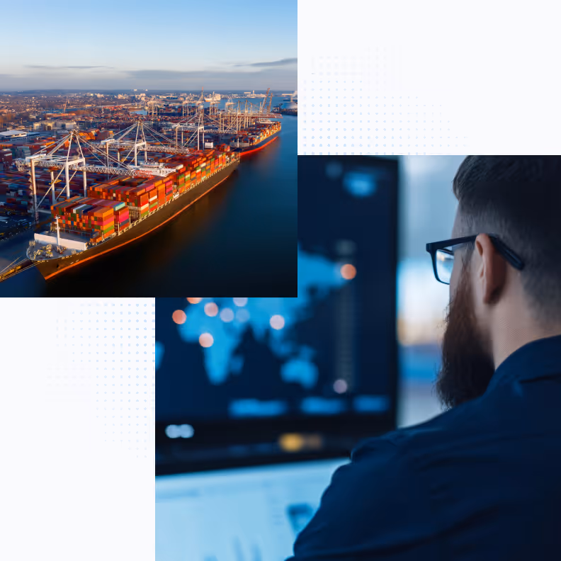 Man with glasses monitoring global data on a screen with a large container ship docked at port.