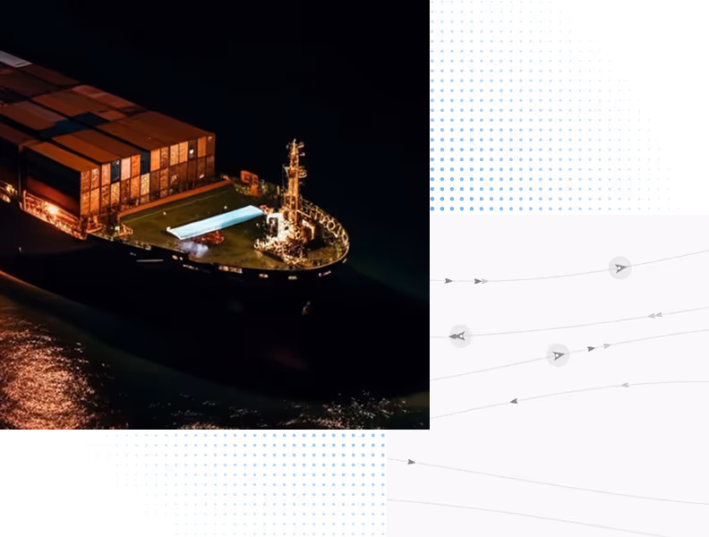 Cargo ship with containers sailing at night with digital navigation graphics overlay.