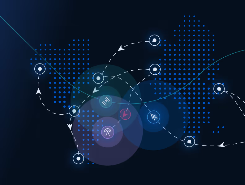 Abstract world map with blue dots and glowing user icons connected by dashed lines and arrows.