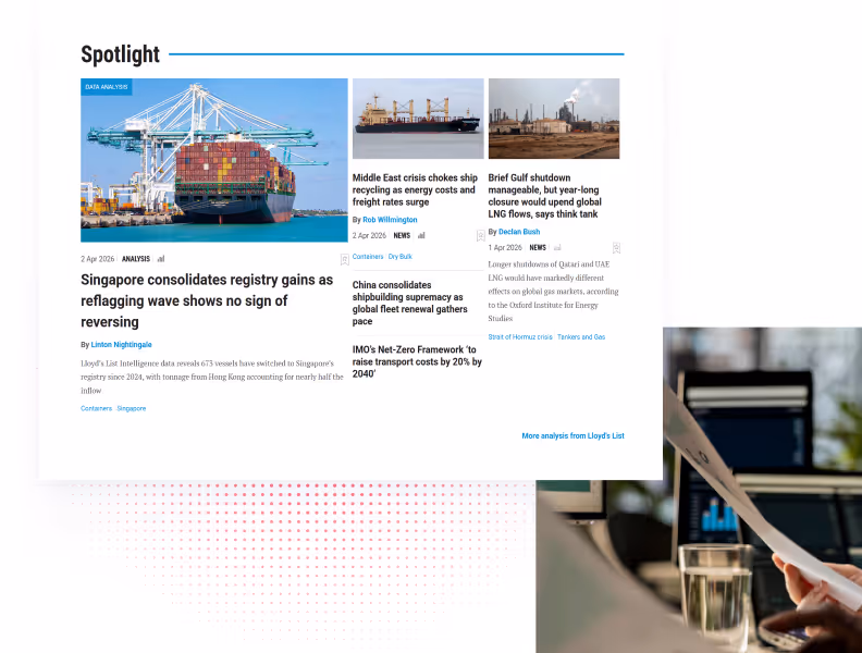 News spotlight on shipping industry with images of cargo ships and articles on registry and energy crises.