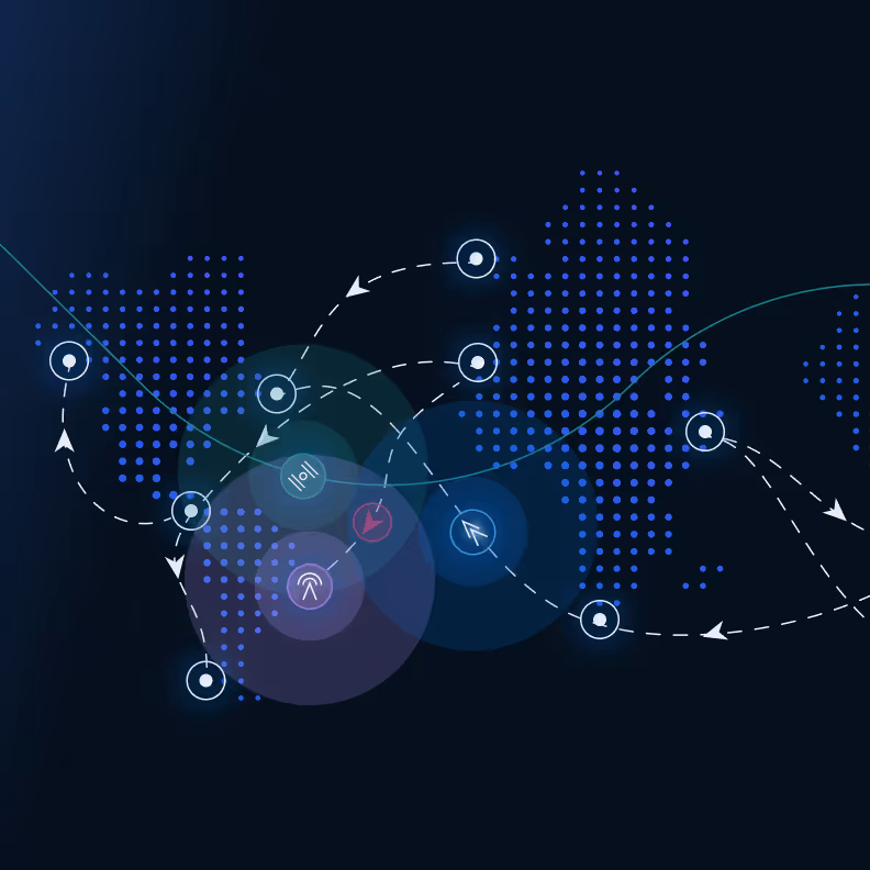 Digital world map with dotted continents connected by dotted curved lines and user icons.