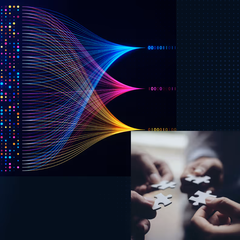 Colorful data lines converging with binary code beside hands holding white puzzle pieces.