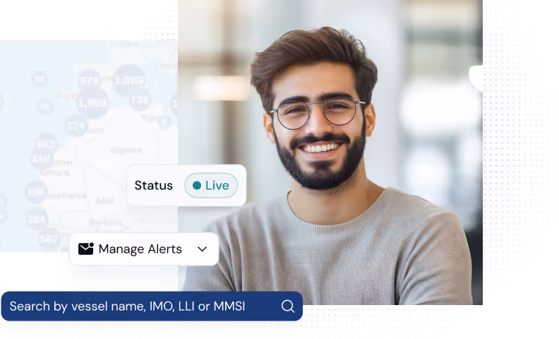 Smiling man with glasses and beard with software UI overlay showing live status and search bar for vessel info.