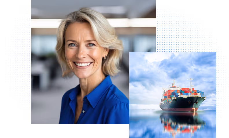 Smiling blonde woman in blue shirt with a container ship in the background under a cloudy sky.