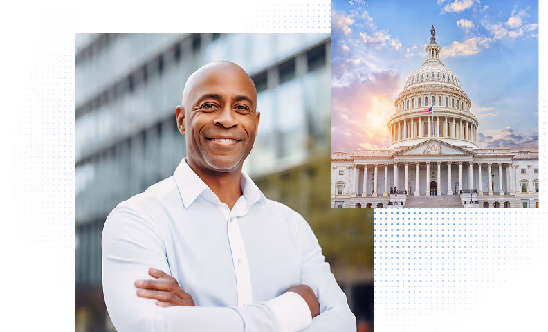 Smiling man in white shirt standing outdoors with US Capitol building at sunset in a smaller inset.