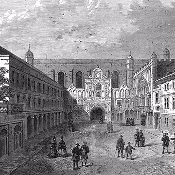 Historic black and white drawing of people walking in a square with classical buildings and an archway in the background.